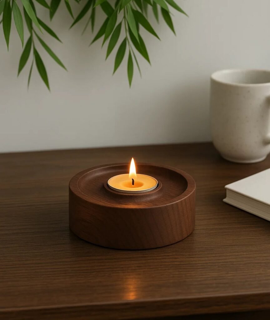 vintageteakwoodroundtealightcandleholder 1